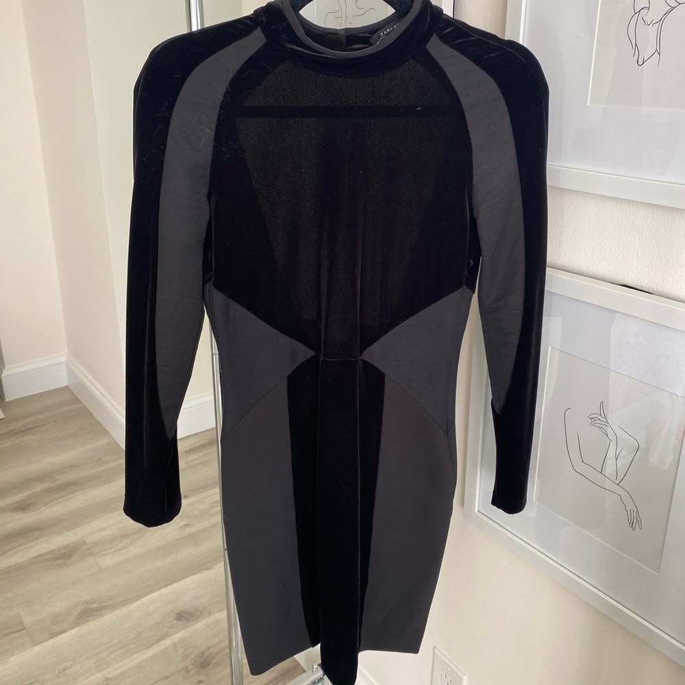 Zara black velvet long sleeve open back mini dress S